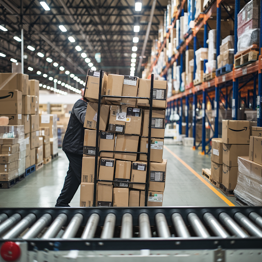 A warehouse filled with Amazon packages