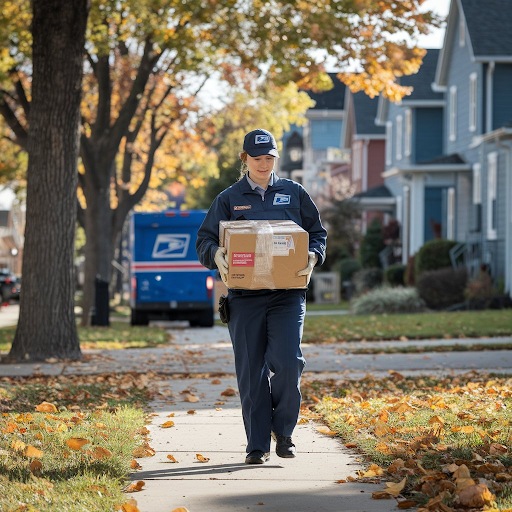 A USPS mail carrier delivering packages on a sunny day