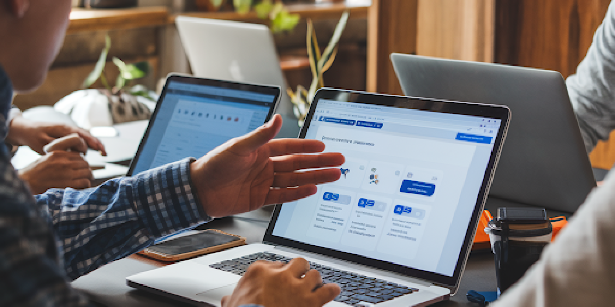 A content marketer using a laptop and guiding a development team