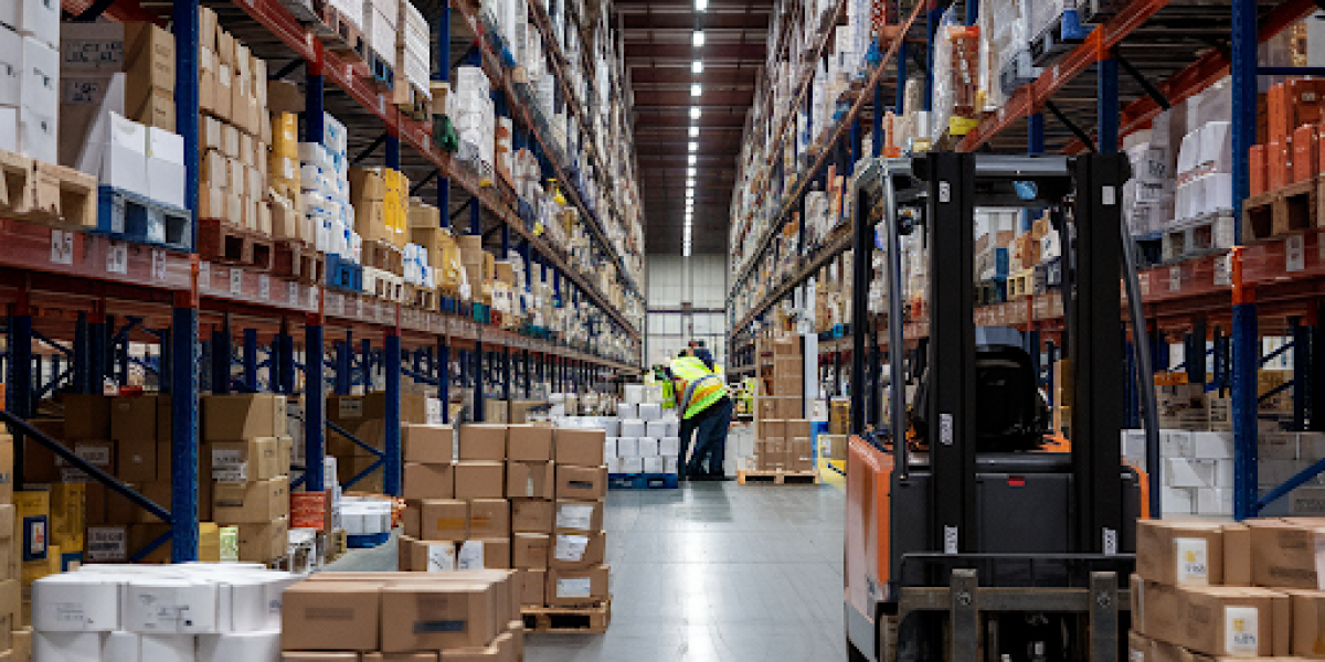 A warehouse with rows of shelves filled with products